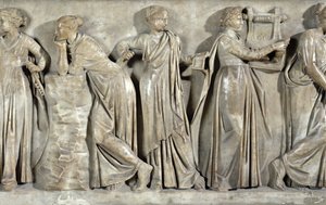 ミューズの石棺、カリオペ、多眠症、テルプシコアを描いた詳細、紀元160年頃（大理石）